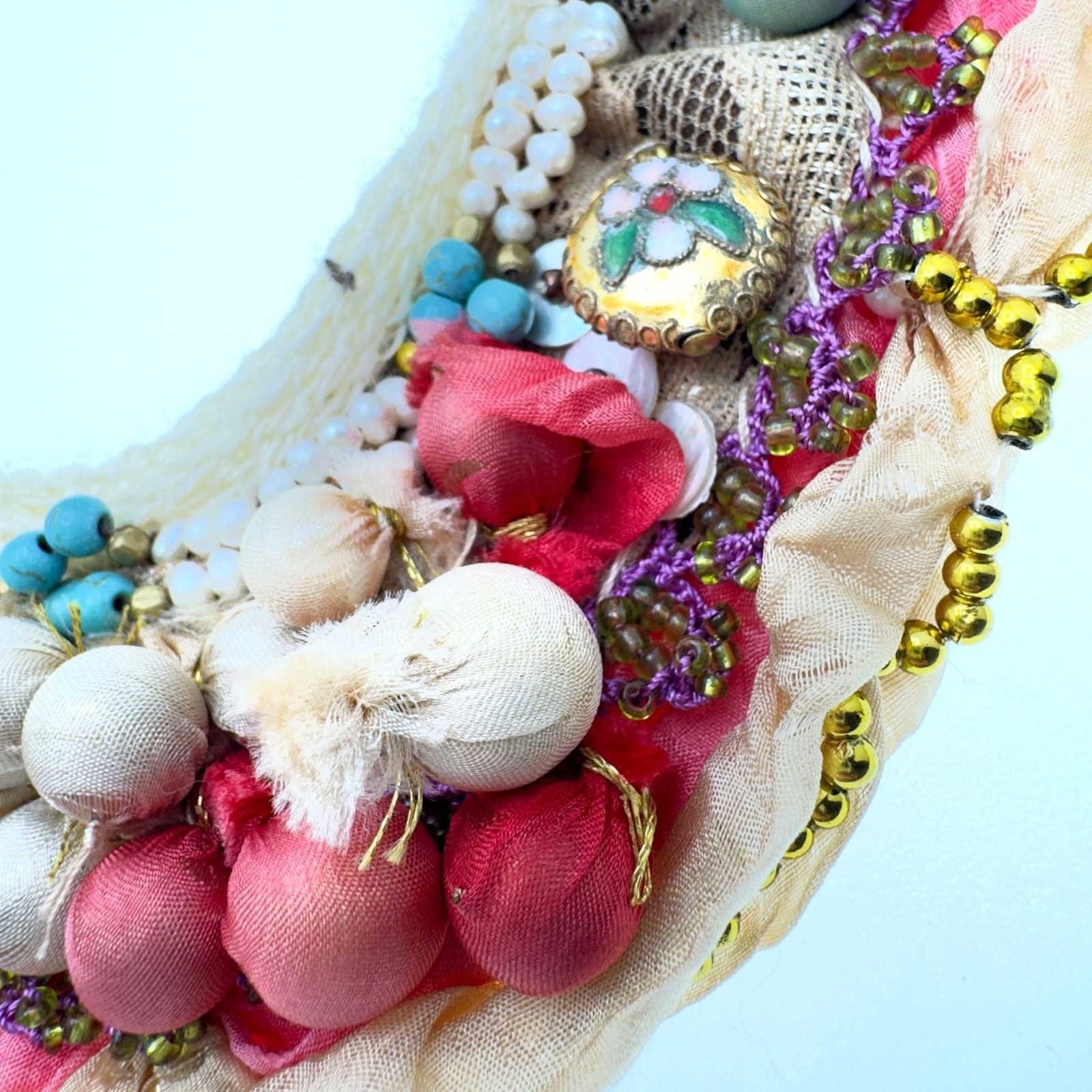Boho Handmade Turkish Bib Collar Statement Necklace Rustic Fiber Lace Fabric