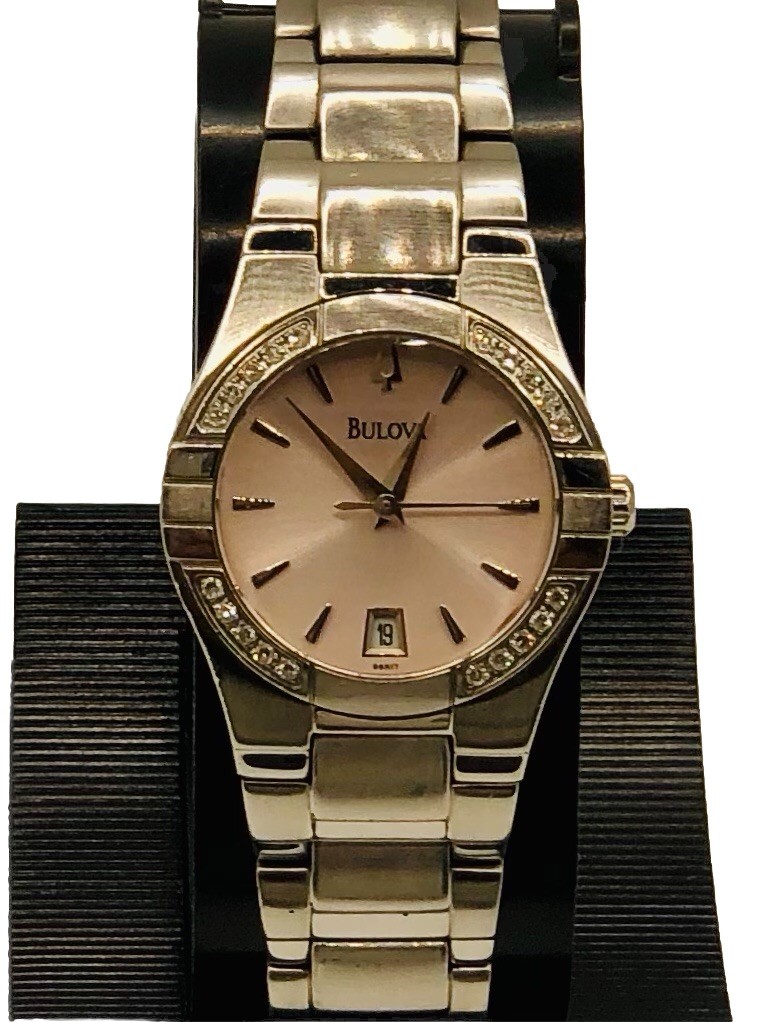 Bulova Light Pink Dial, Diamond Accent Bezel, Women’s Watch (Model 96R17) ~ 🔋✅