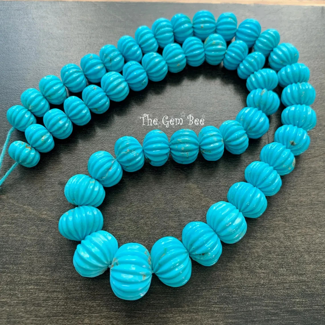 10.3MM-16MM Kingman Turquoise Hand Carved Melon Fluted Rondelle Bead 16.5 inch