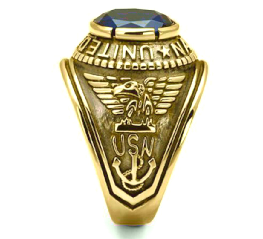 Navy US Military Ring Blue Stone Gold IP Stainless Steel Size 14