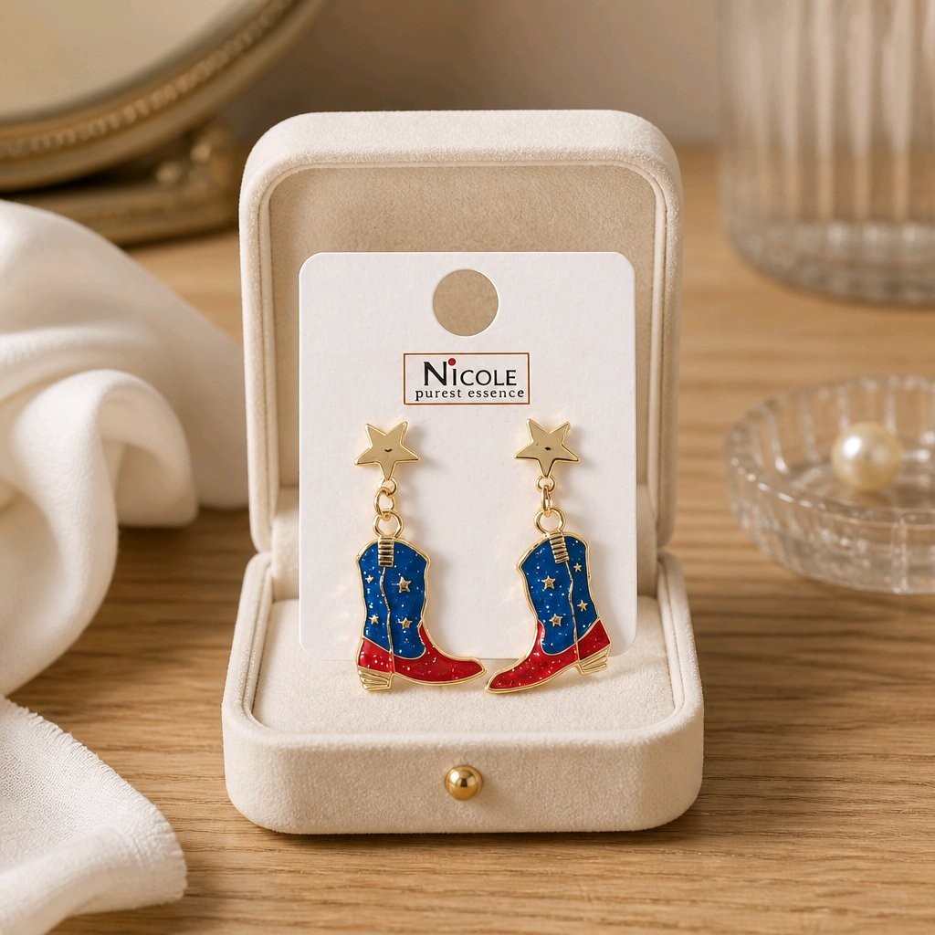 Patriotic Cowboy Boot Dangle Earrings Fourth of July Red White Blue Western Star