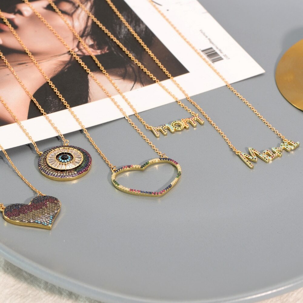 ZARD 12K Gold Plated MOM Pendant Necklace in Multi-Color Cubic Zirconia Pave
