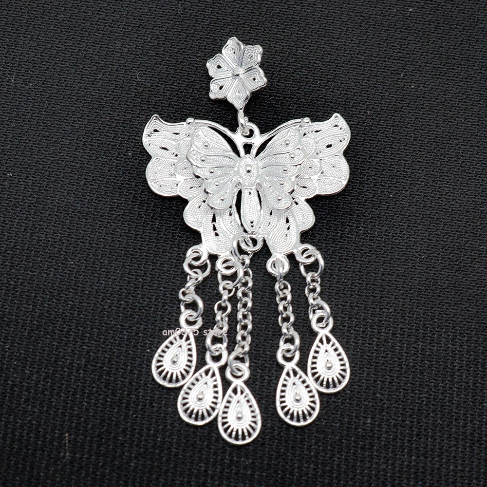 Pure 999 Fine Silver Women’s Flower Butterfly Tassel Lock Pendant 2inchL