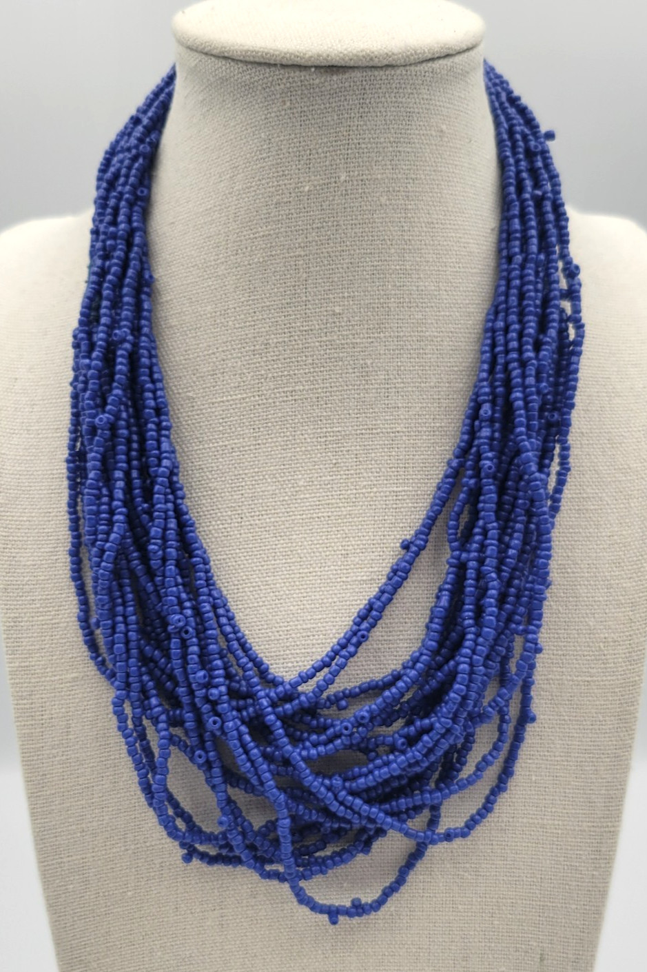 Vintage Blue Seed Bead 10 Strand Necklace 34″ Cobalt Overhead