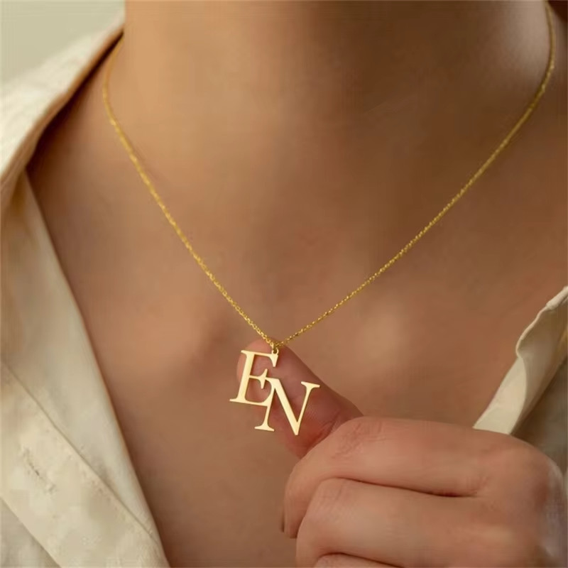 Custom Two Letters Initials Pendant Name Necklace Jewelry Choker Link Chain Gold
