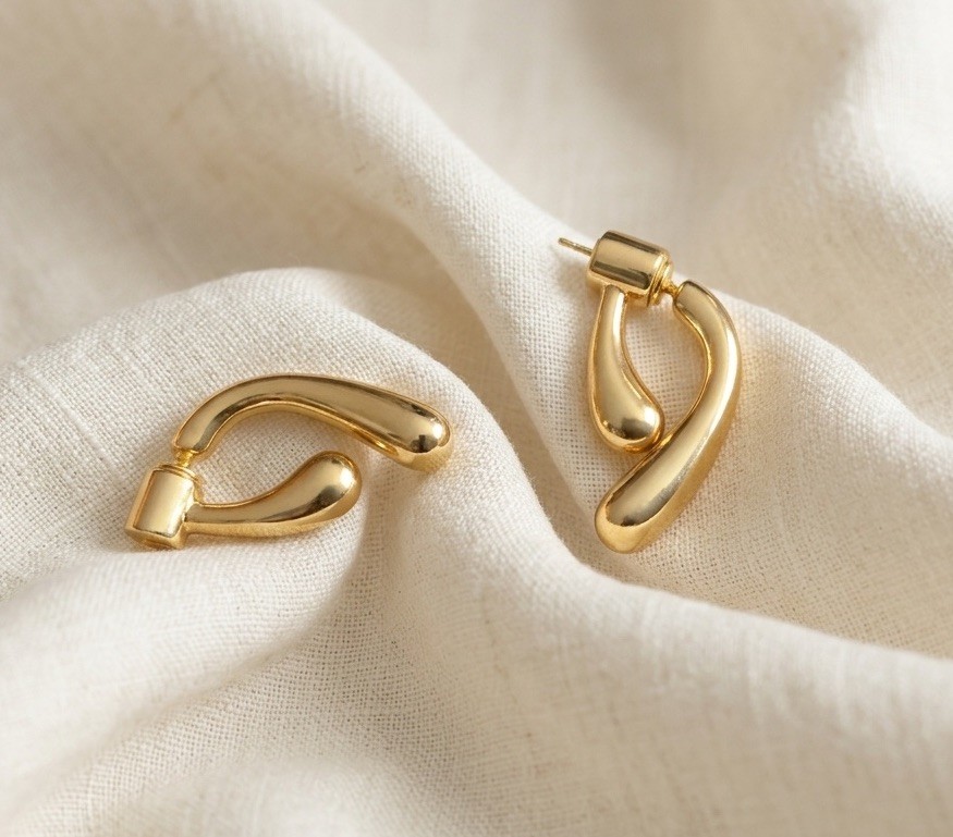 Anthropologie Earrings Geometric Asymmetric Teardrop Boho Gold VTG Front Back