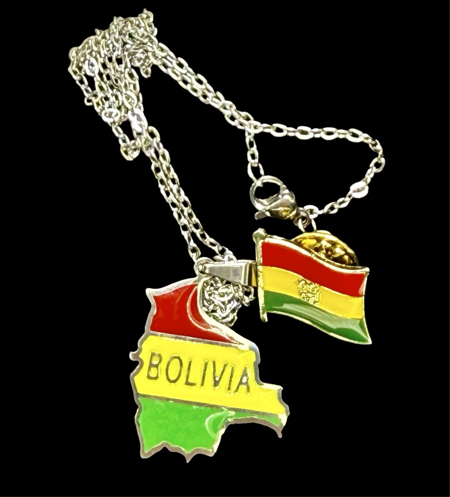 Bolivia Map Pendant Necklace & Flag Pin Set Red Yellow Green Gift Souvenir