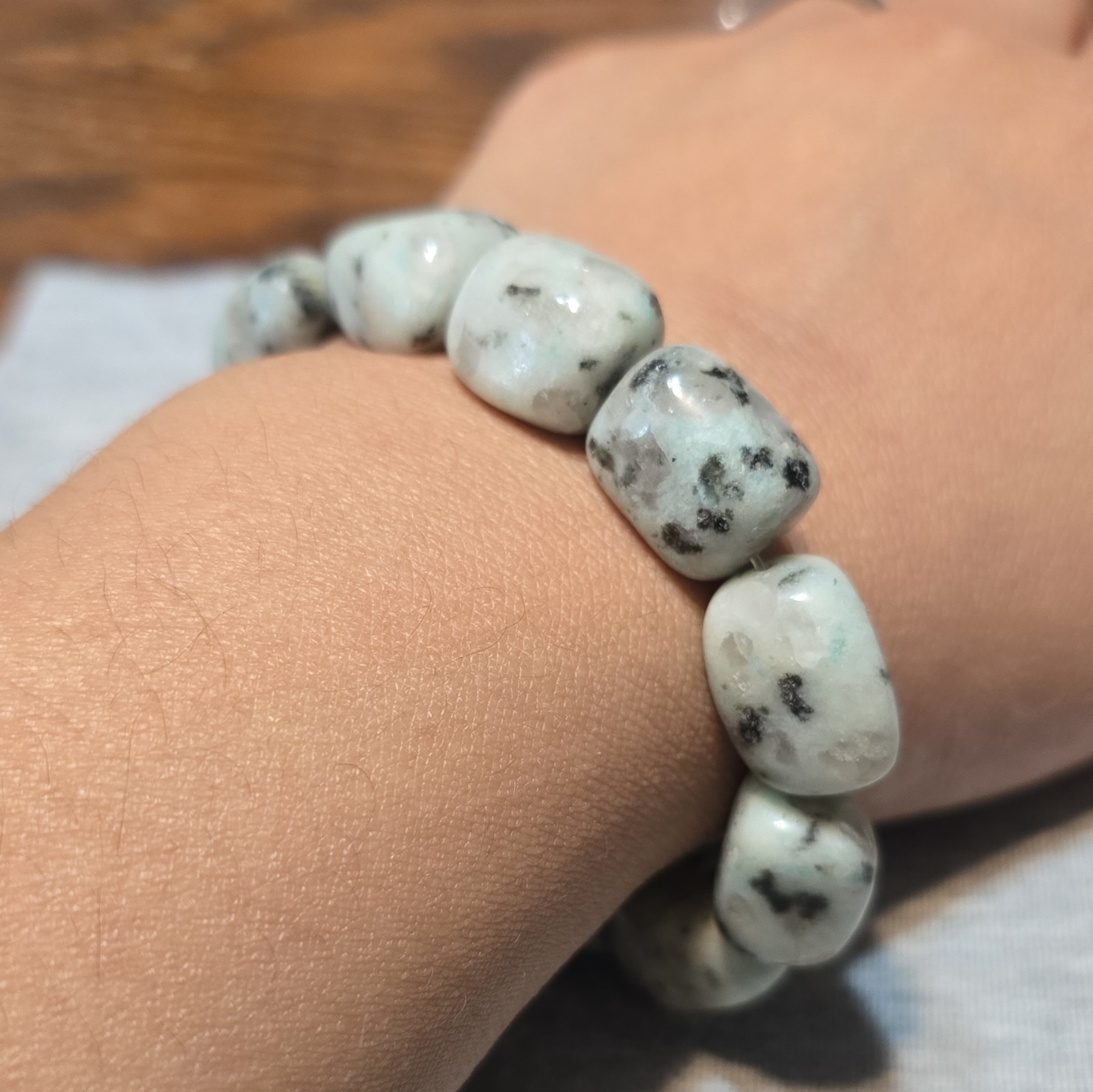Kiwi Jasper Chunky Stone Speckled Stretch Bracelet Stackable No Clasp