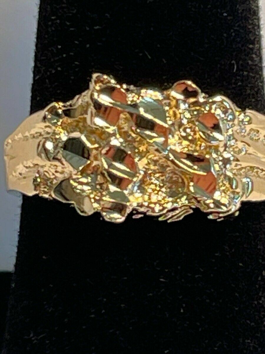 MENS,BOYS 14 KT GOLD PLATED DESIGNER NUGGET R4, SQUARED OFF RING SIZES 4-10