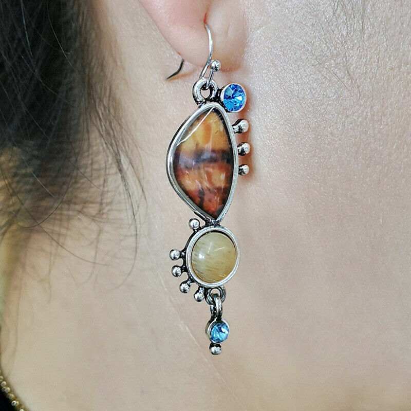 Unique New Silver Plated Resin Agate & Gemstone Hook Dangle Drop Earrings