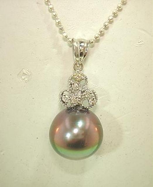 14k White Gold 12.2mm 13.04Cts Black Tahitian Pearl 0.06Cts Diamond Pendant #1