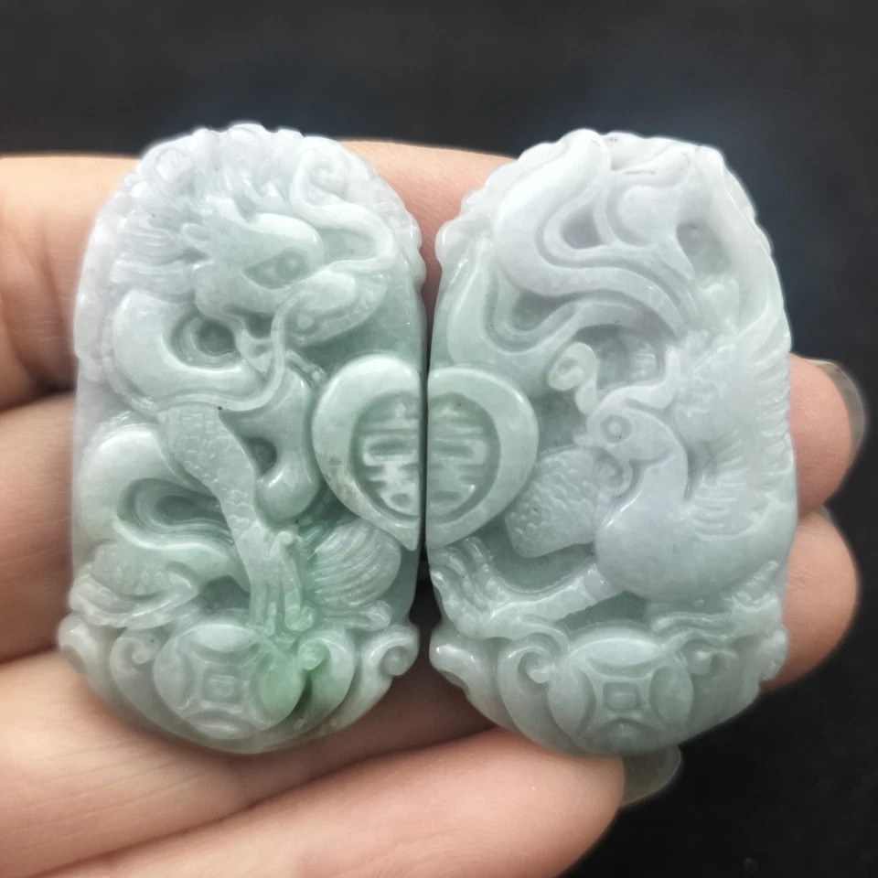 1Pair/2PCS Certified Green Natural Type A Jade Jadeite Dragon Phoenix Pendant