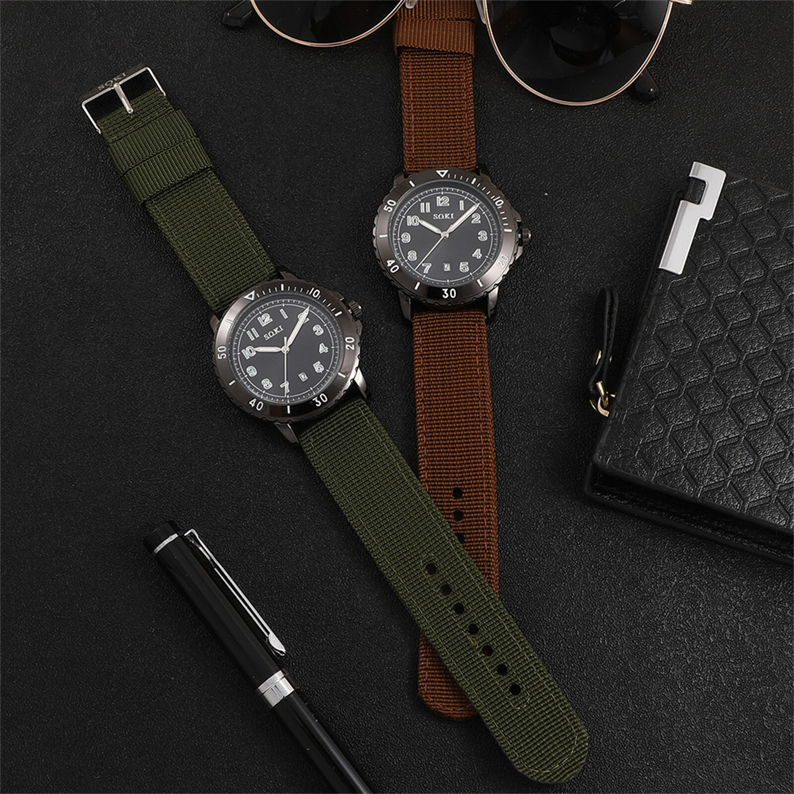 Men Tactical Sports Watch Round Arabic Numeral Dial Date Quartz Nylon Wristwatch