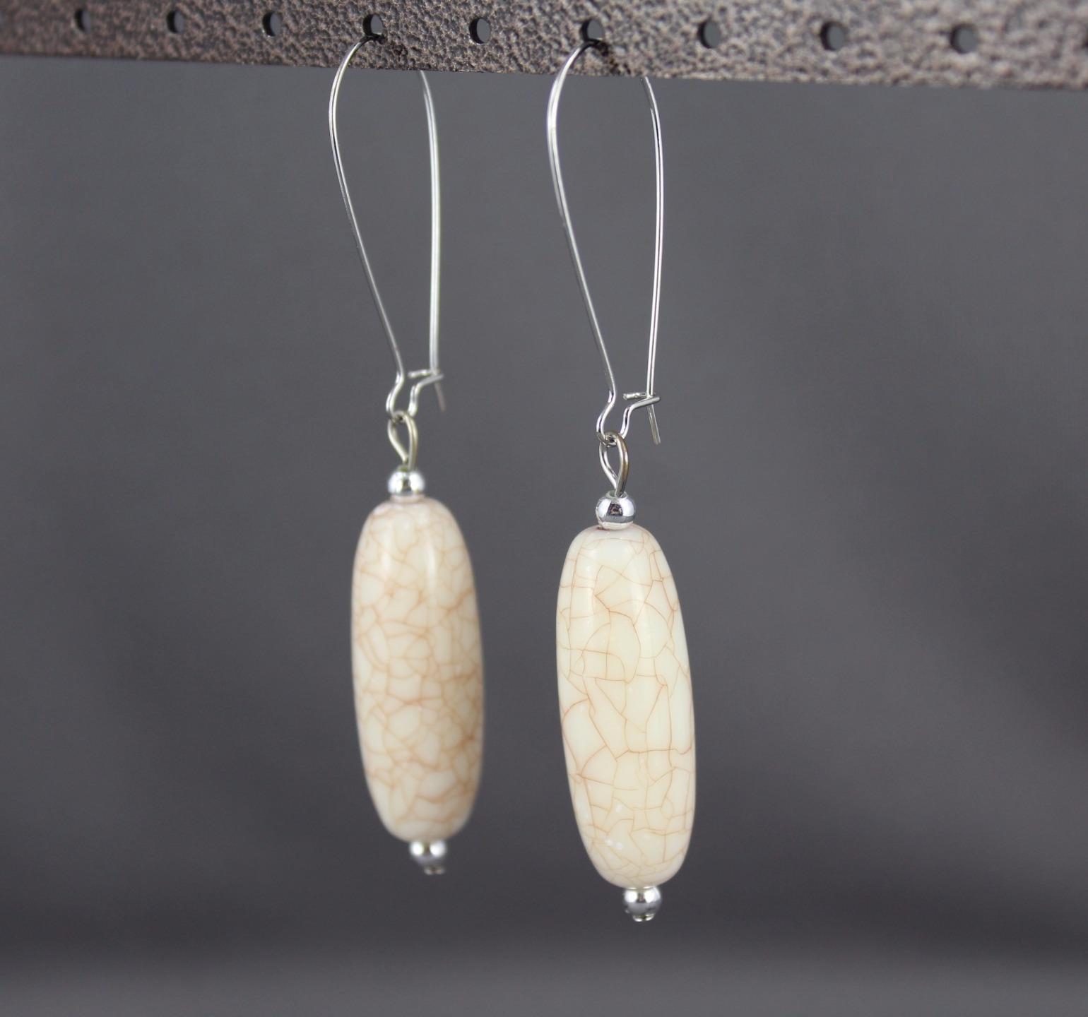 Cream Silver oval bead dangle earrings kidney wire dangly oblong beads