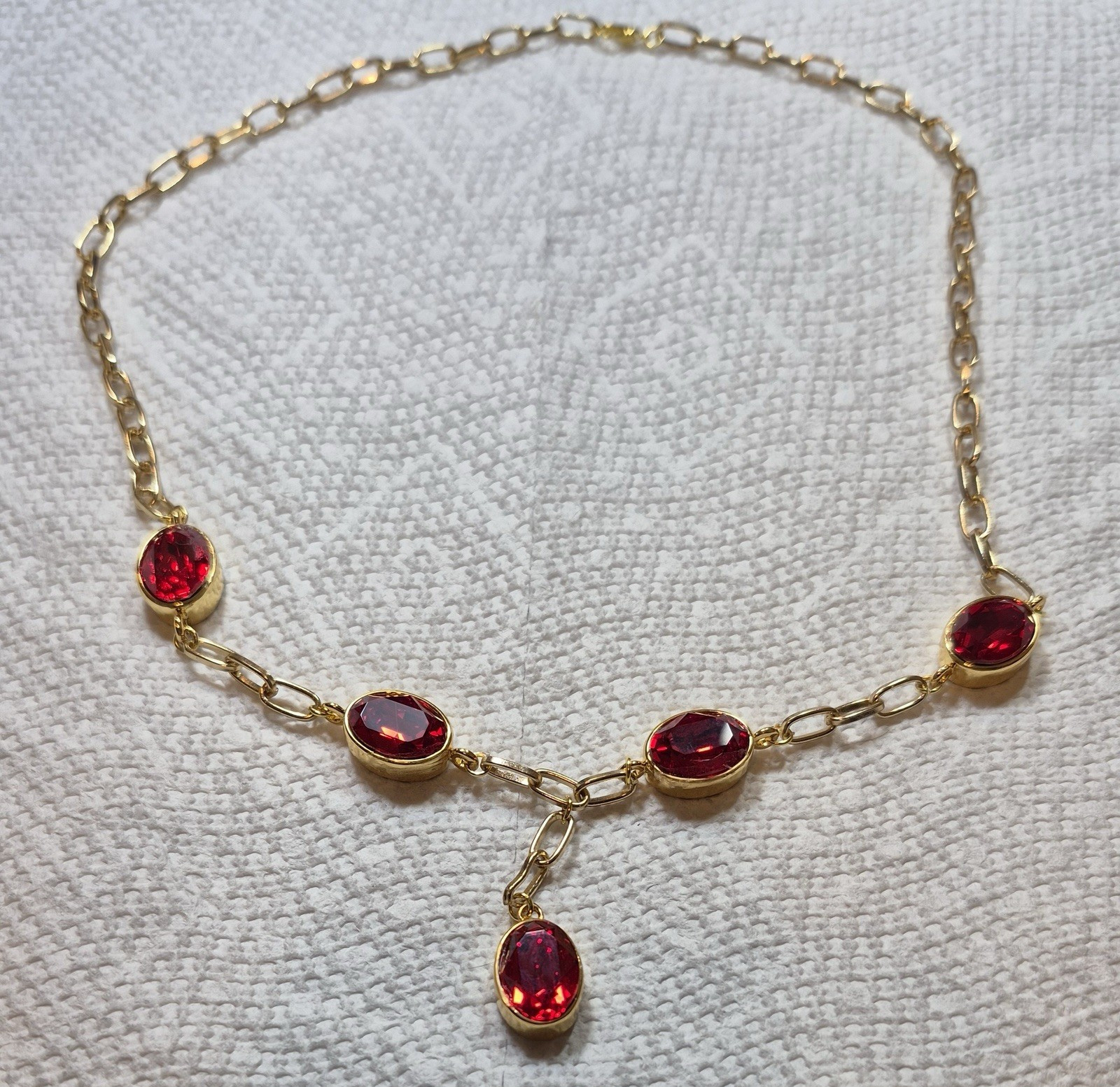 Hand Crafted Gold Tone Red Oval Crystal Bezel Station Necklace w/ Pendant