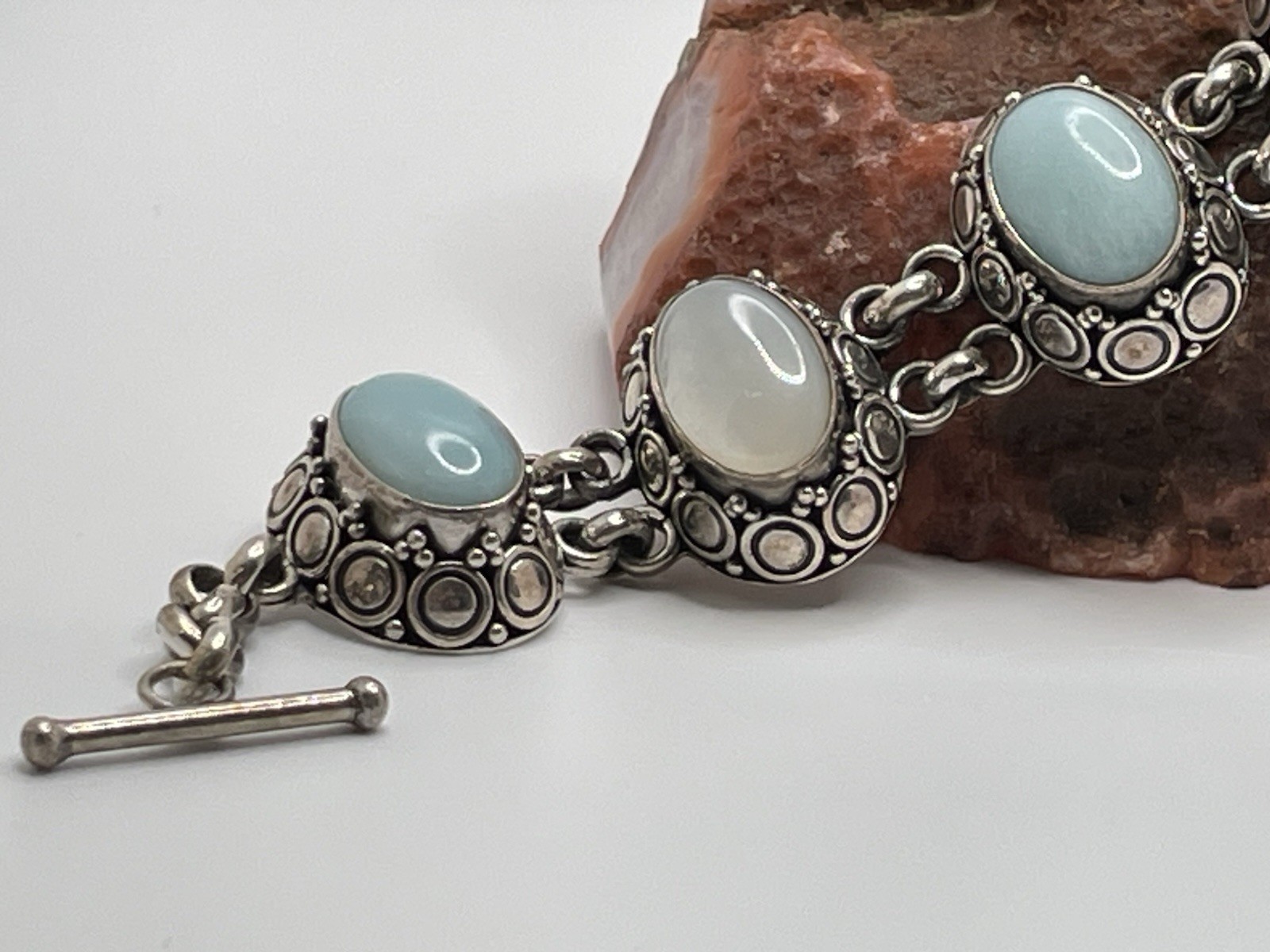 BA Suarti BALI Indonesia Sterling Silver Blue White Stones Link Bracelet 54 Gram