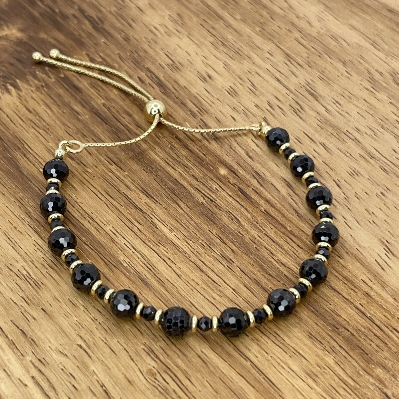 Bracelet Black Spinel Bronze Facetted Beaded Gold Rondelles Slide Adjustable