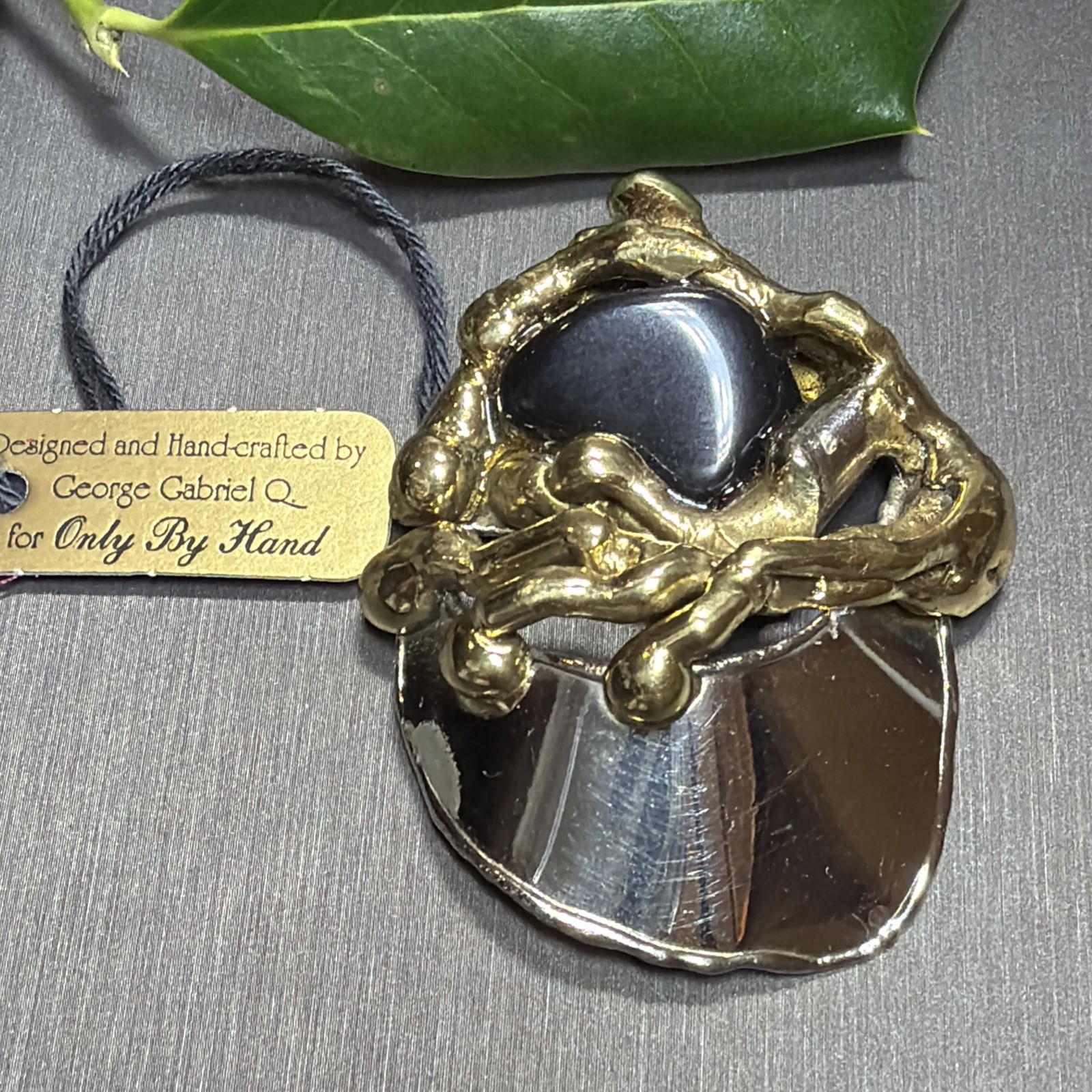 Vintage George Gabriel Mixed Metal Brooch Gold Silver Copper Onyx Gem Modernist