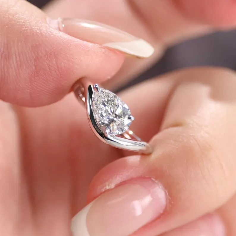 14K White Gold Pear Cut Lab Grown Diamond Solitaire Style Engagement Gift Ring