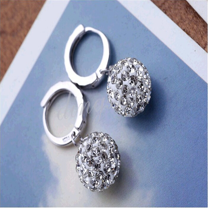 Genuine 925 Sterling Silver 6mm Crystal Disco Ball Hoop 1″ Dangle Earrings Z1046