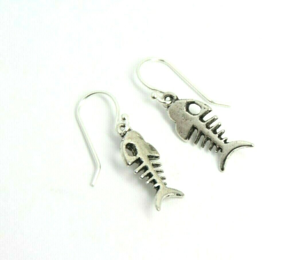 Fish Bone Charm Earrings .925 sterling silver Hook Pewter Charms 1″ Fishing Gift
