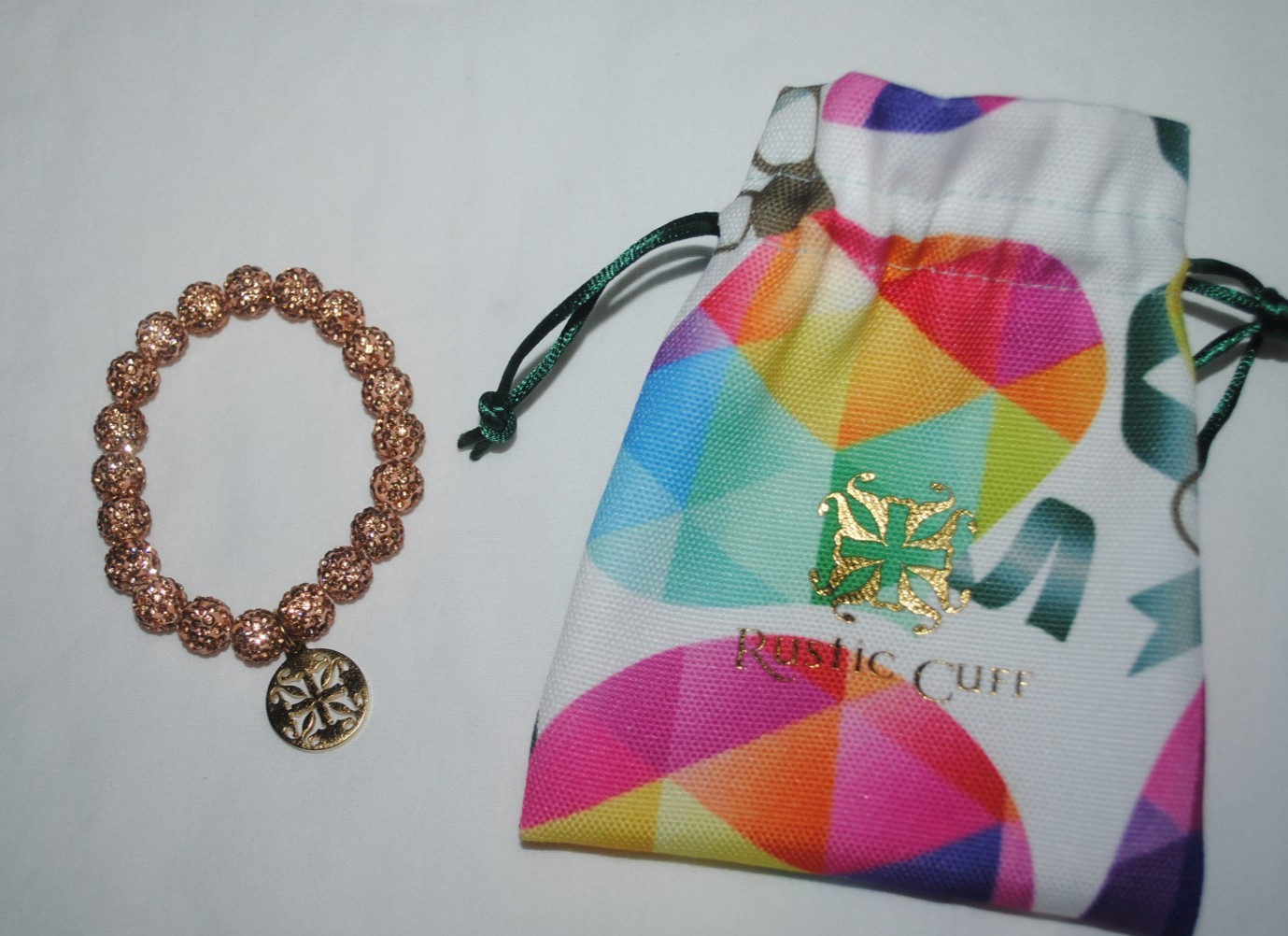Rustic Cuff bracelet, peach/goldtone sparkling beads, charm dangle, w/RC bag