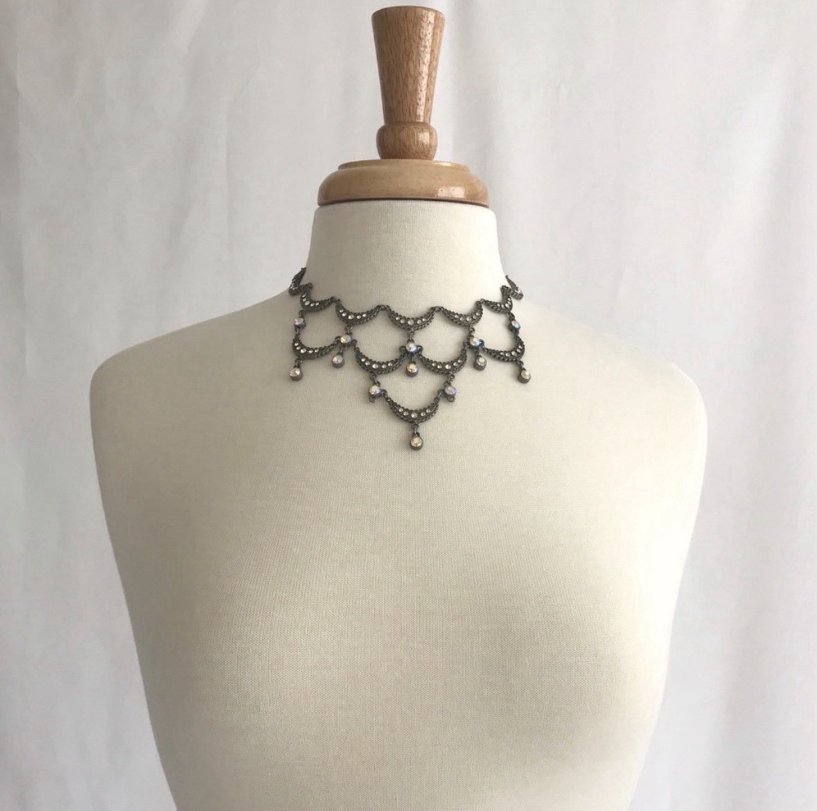 Vintage Crescent Scallop Necklace Iridescent Rhinestone Crystals Pewter Gunmetal