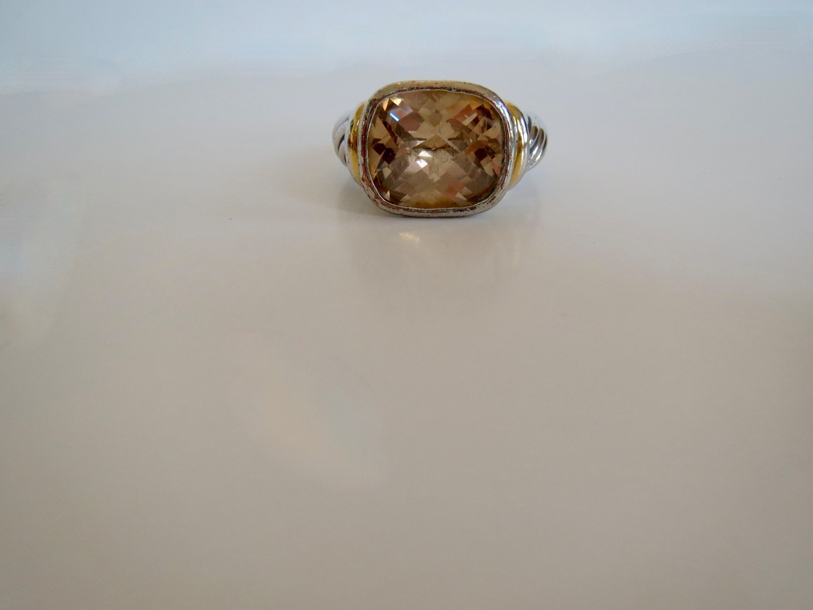 18K HG Electroplate Silver Twisted Cable Faceted Quartz RING Size 8 Two-Tone