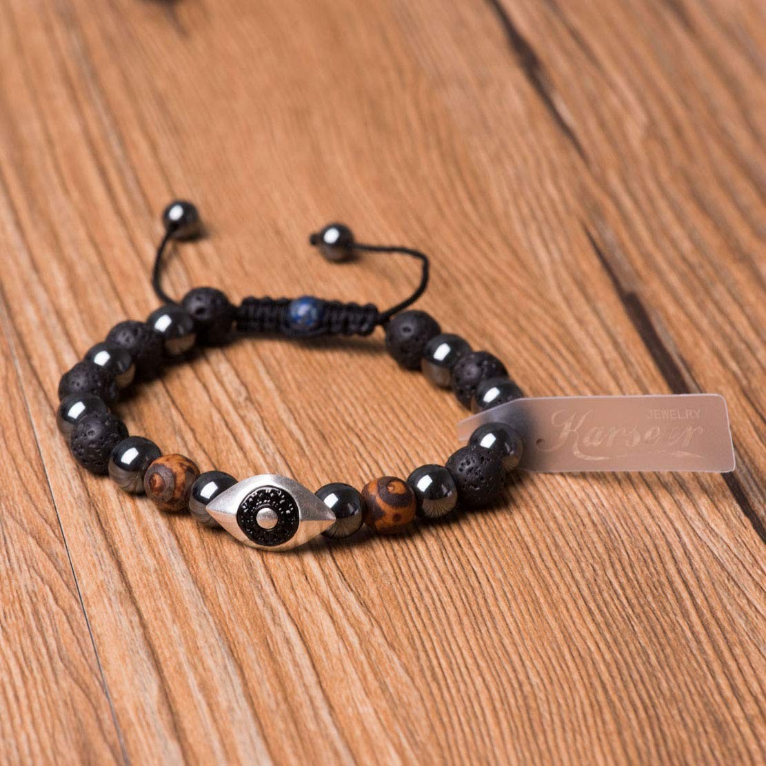 Vintage Silver and Black Plated Hamsa Evil Eye Reiki Bracelet Natural Hematit…