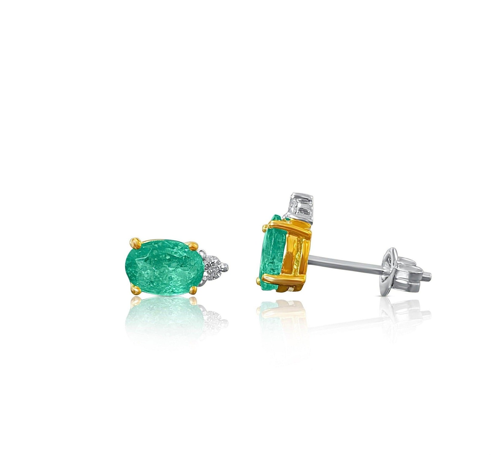 1.5 CTW Oval Cut Emerald Stud Earrings & Diamond Tops in 14K Gold