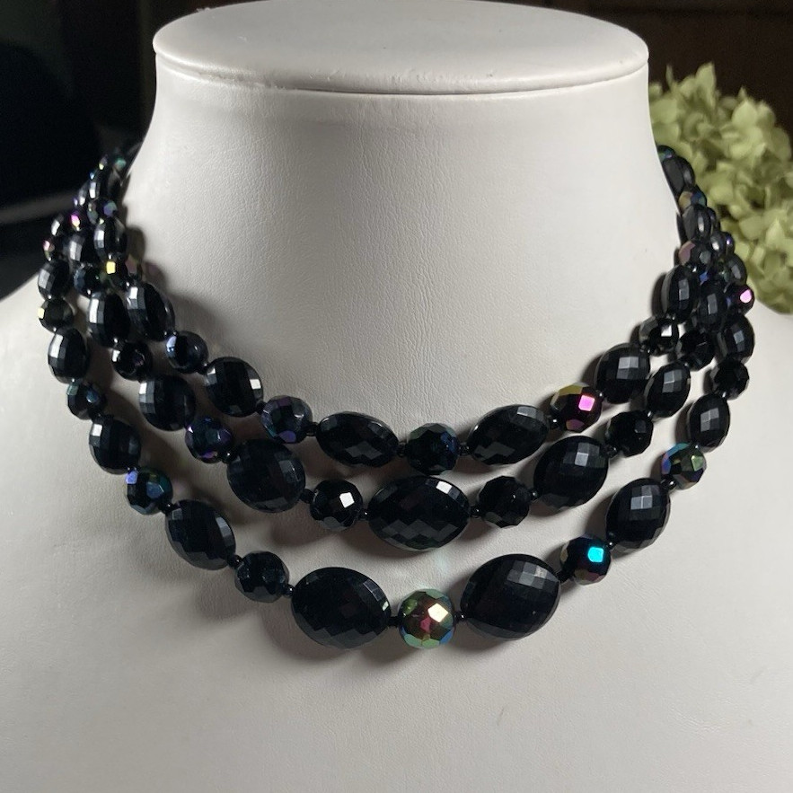 Vintage Black Multi-Strand Faceted Beaded Statement Necklace Adjustable Hook