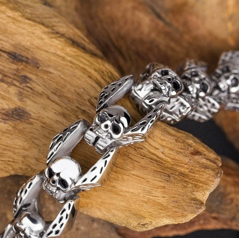 Men’s Vintage Silver Skull Chain Bracelet Heavy Punk Gothic