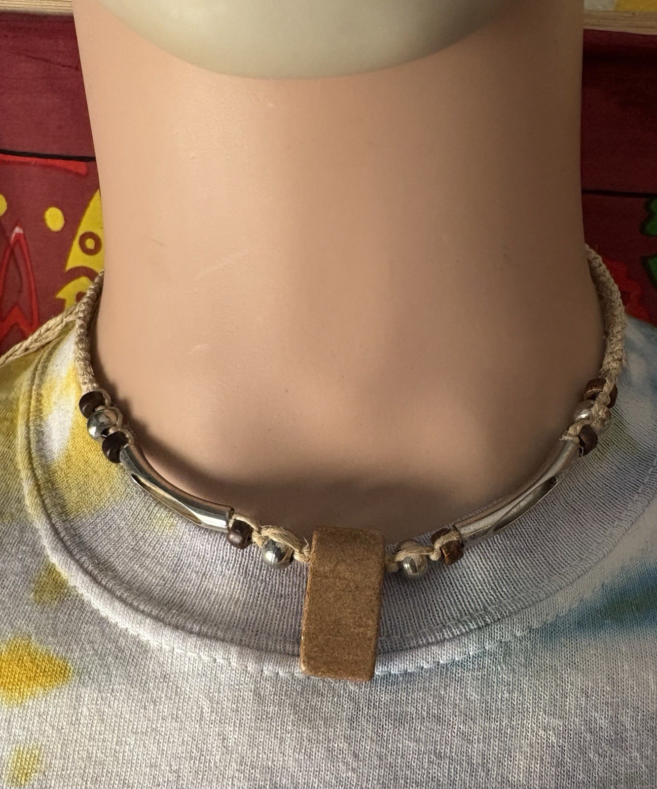 Silver Brown hemp Choker Necklace Rectangle Charm Pendant Adjustable Tie