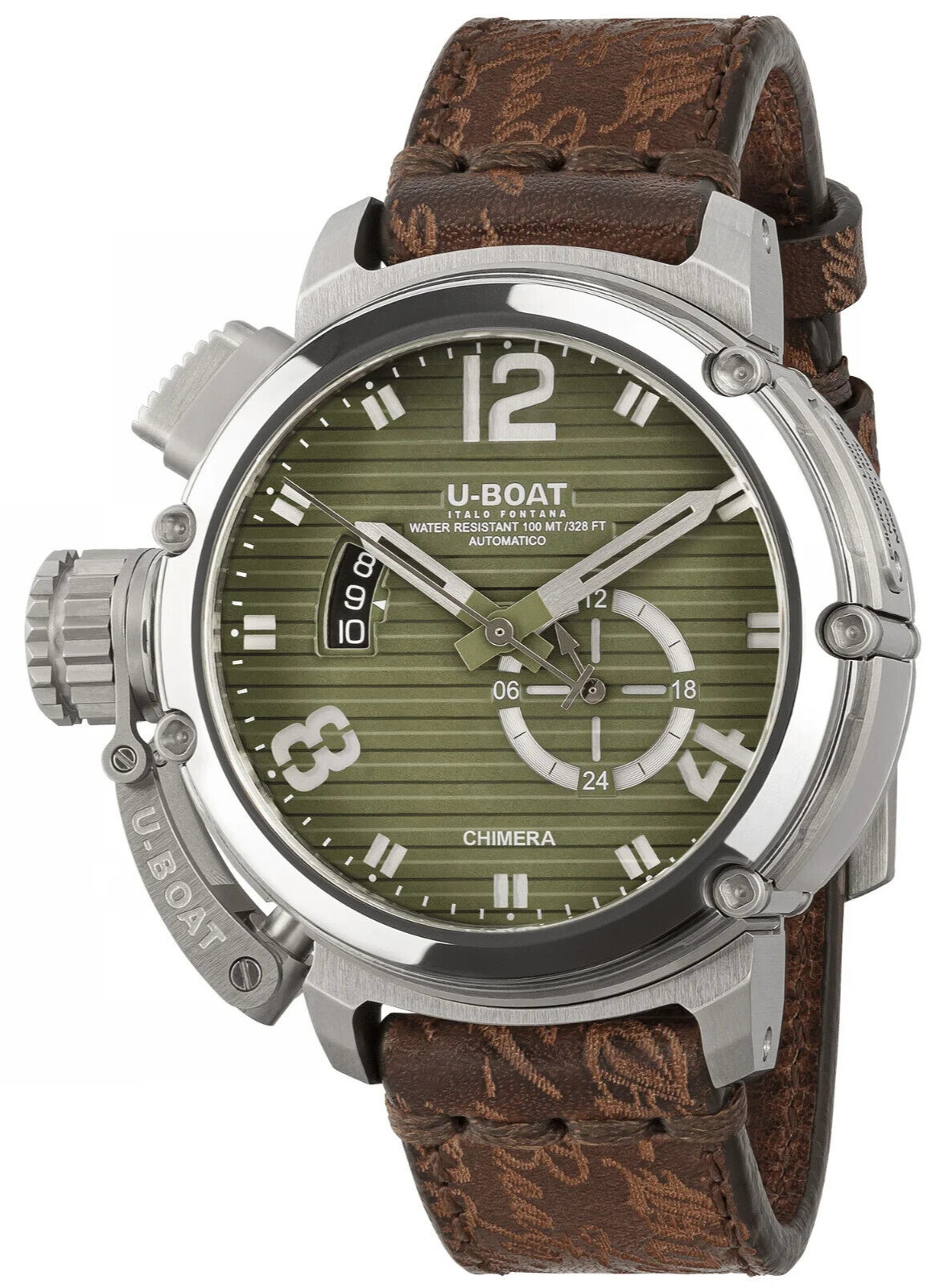 New U-Boat CHIMERA 46MM SS VERDE Green Dial Leather Band Men’s Watch 9604