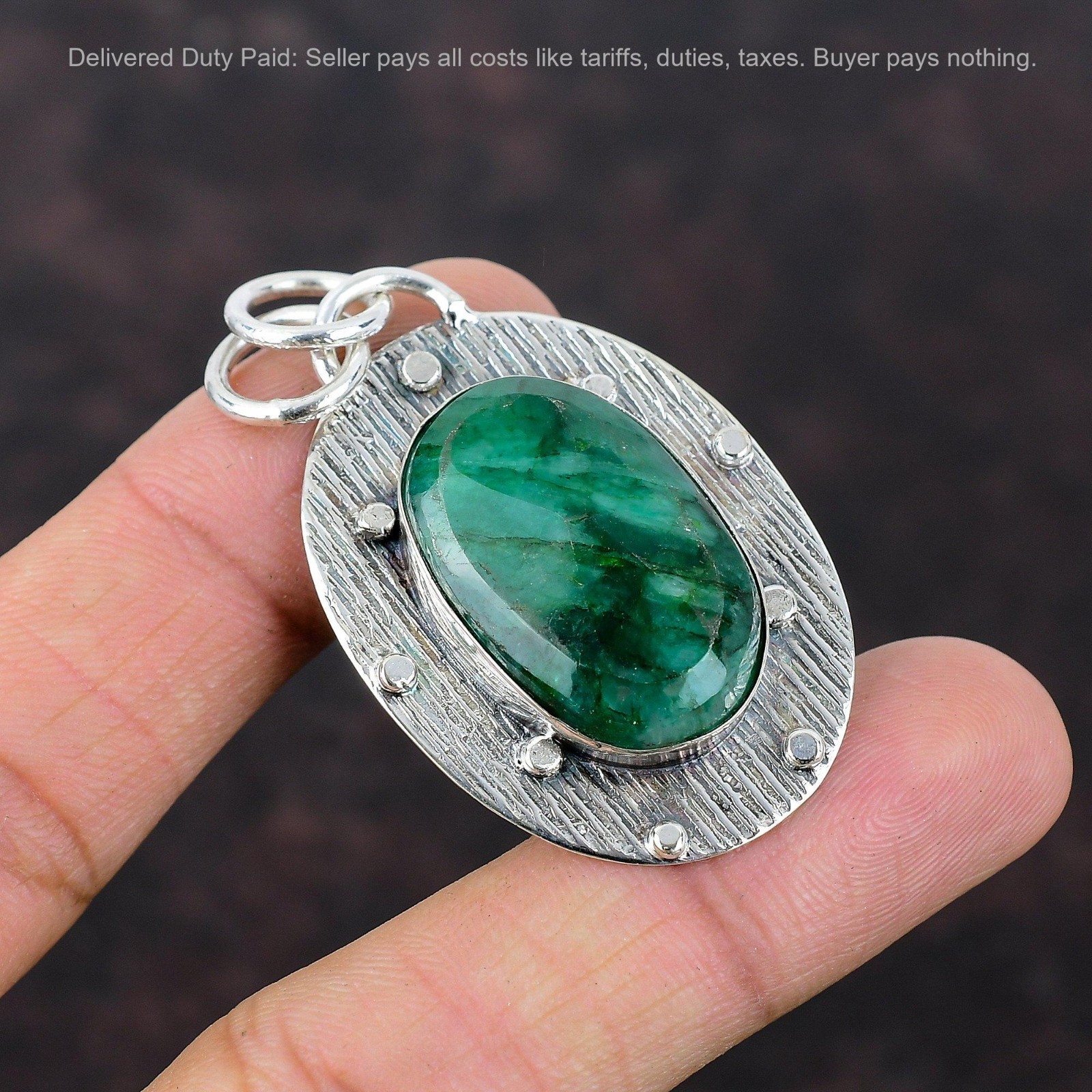 925 Sterling Silver Oval Zambian Emrald Gemstone Mother Handmade Wedding Pendant