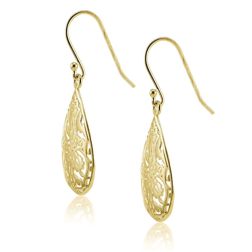 Yellow Gold Flashed Sterling Silver Filigree Teardrop Earrings
