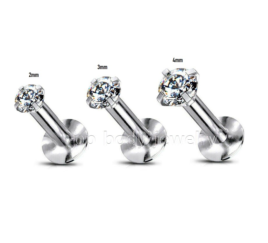 16G Surgical Steel Internally Threaded Prong Set CZ Tragus Labret Stud 1/4″-3/8″