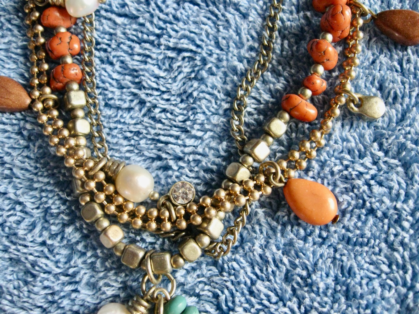 “T” Logo FLOATING 3 STRAND Orange Turquoise Beaded Necklace; Chain; Cord Lobster