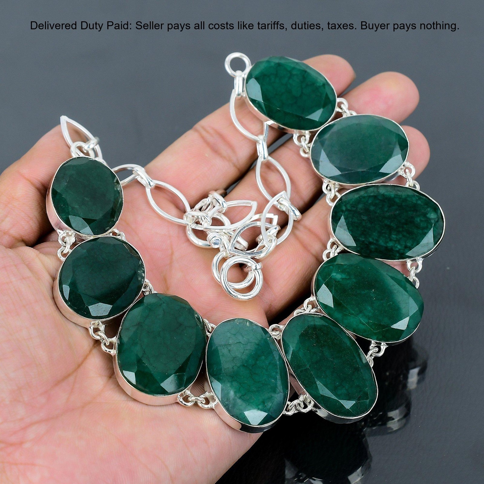 Oval Zambian Emrald Gemstone 925 Silver Wedding Handcrafted Chain Bezel Necklace