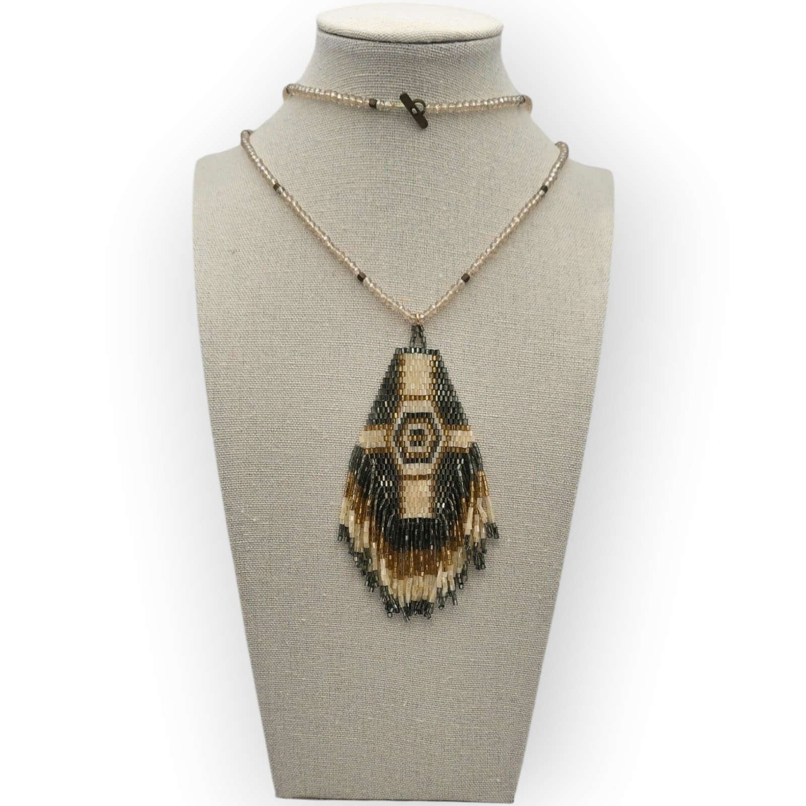 Brown Champagne Ivory Faceted Beaded Pendant Necklace Long – Elegant Boho Chic