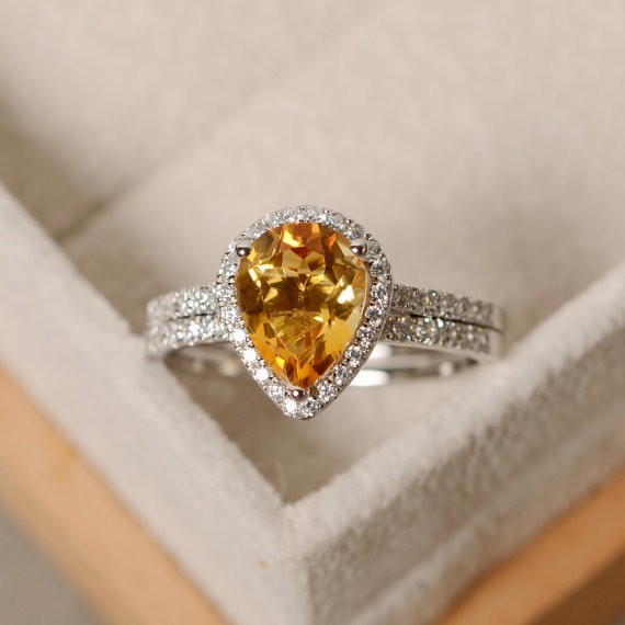 2.35 Ct Pear Cut Natural Citrine Diamond Wedding Ring 14K White Gold Size 8