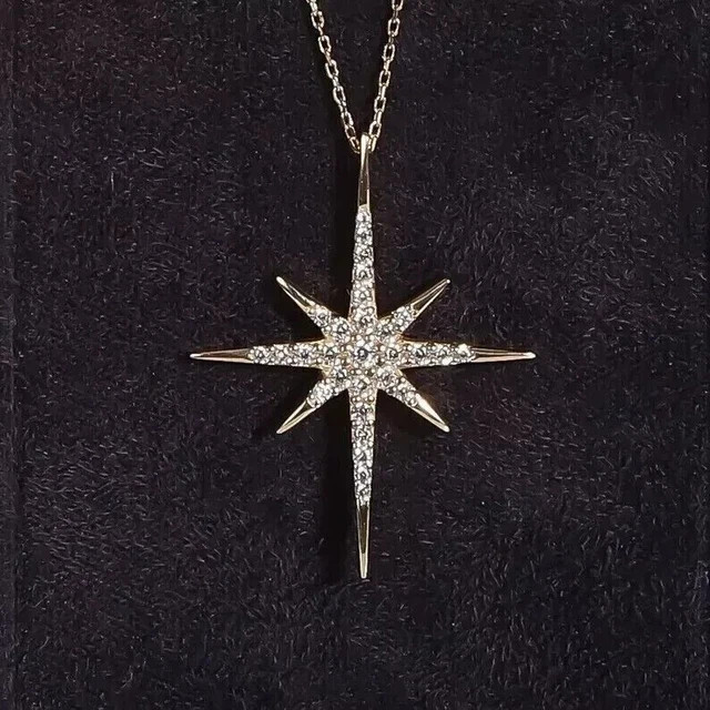Real Moissanite 2Ct Round Cut North Star Pendant 14K Yellow Gold Plated F/Chain
