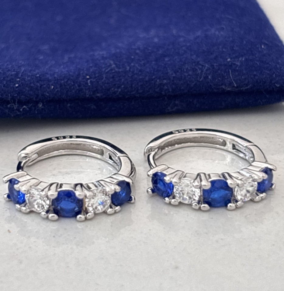 Sterling Silver Blue Sapphire CZ Huggie Hoop Earrings 925 Cubic Zirconia Gift