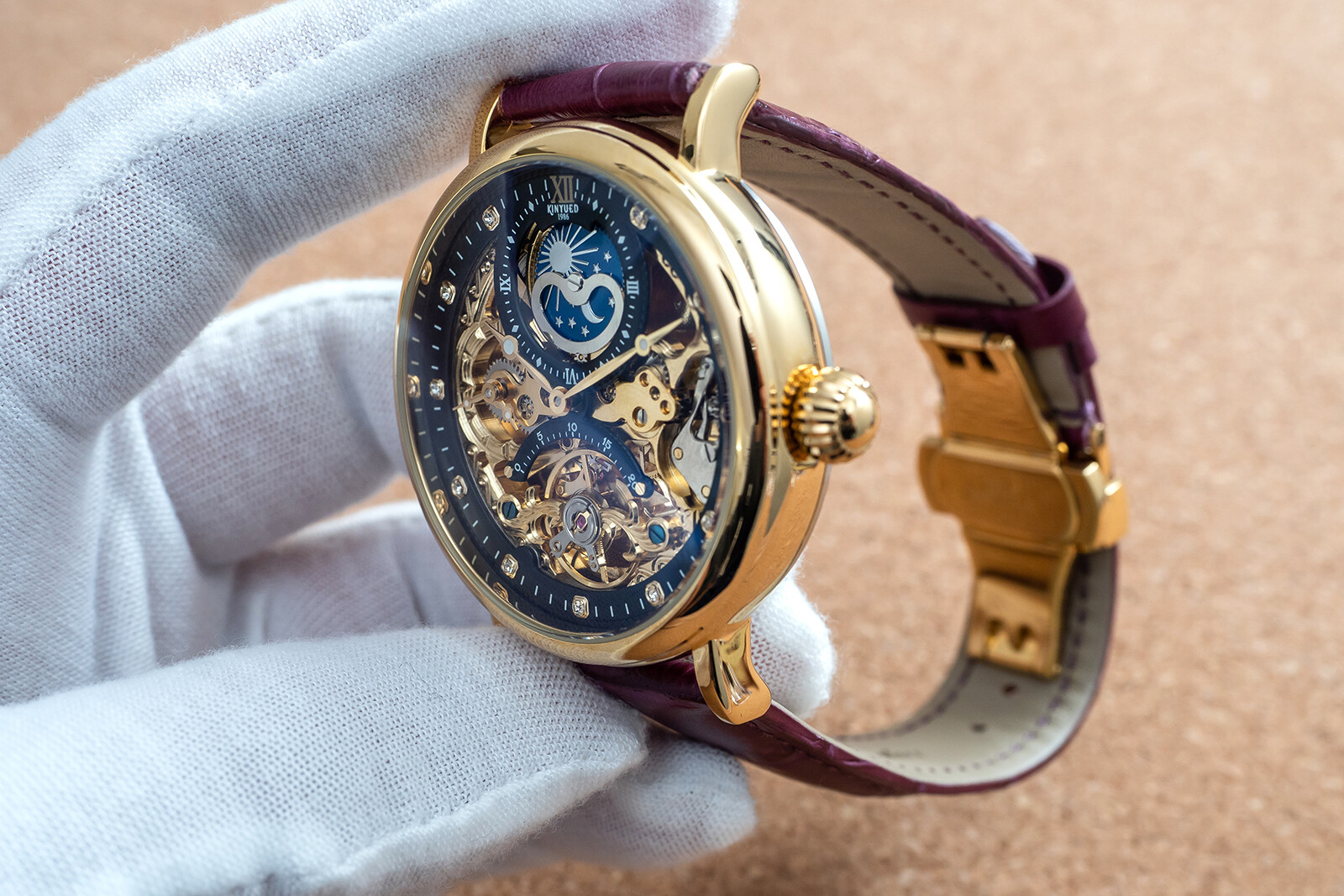 Mens Gold Dual Time Flywheel Automatic Mechanical Watch Black Purple Leather