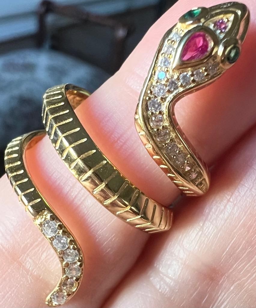 REAL Ruby Emerald Diamond Snake Ring 14K Y Gold on 925 wrap coiled Egyptian Rev