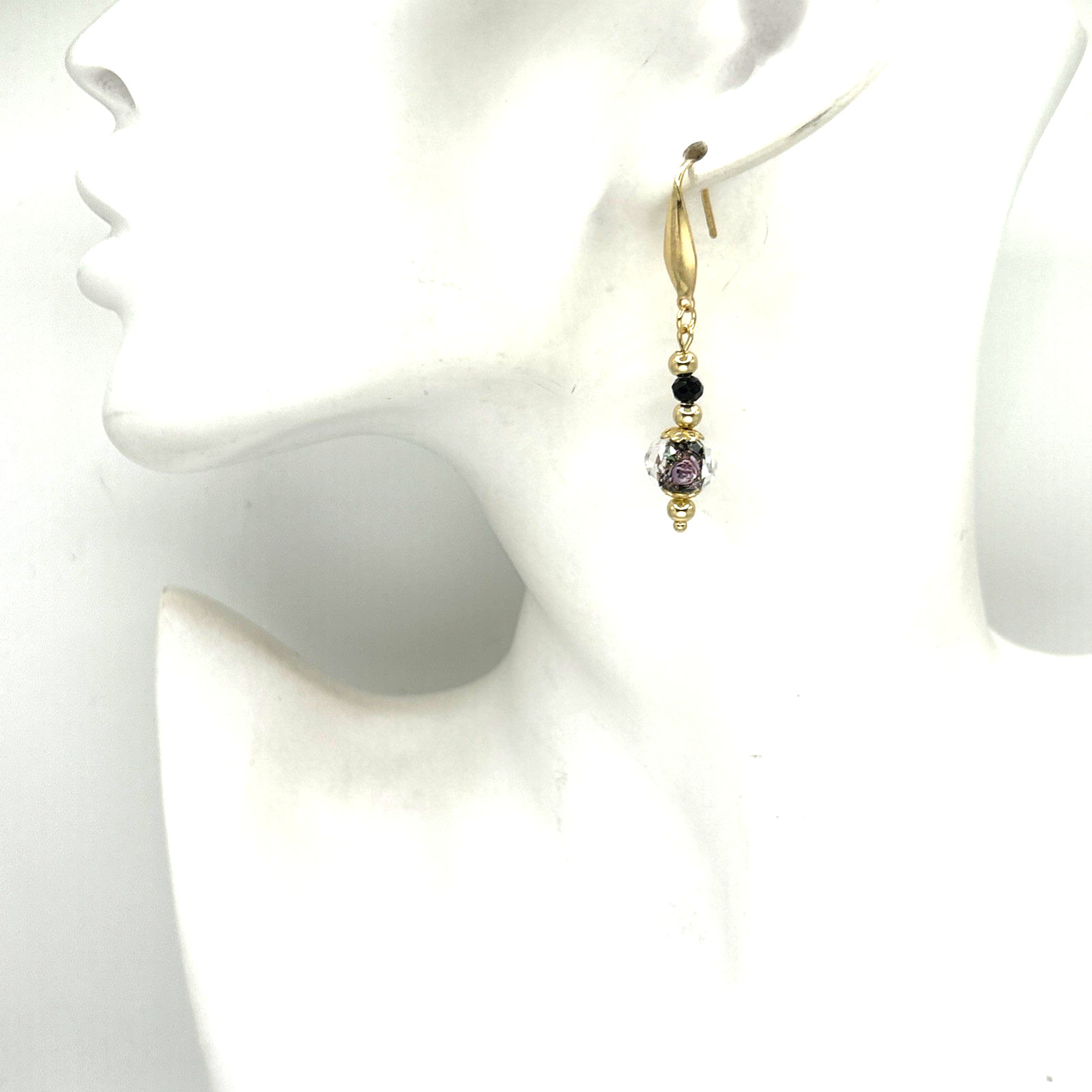 Tiny Pink Roses Lampwork Glass Beaded Dangle Drop Earrings Gold Stainless Steel