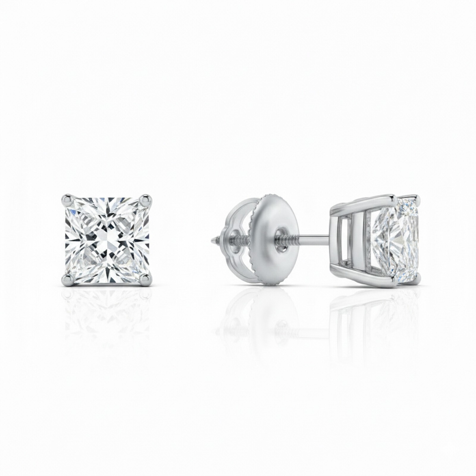 2 Ct Princess Lab Created Moissanite Earrings 18k White Gold Vermeil Screw