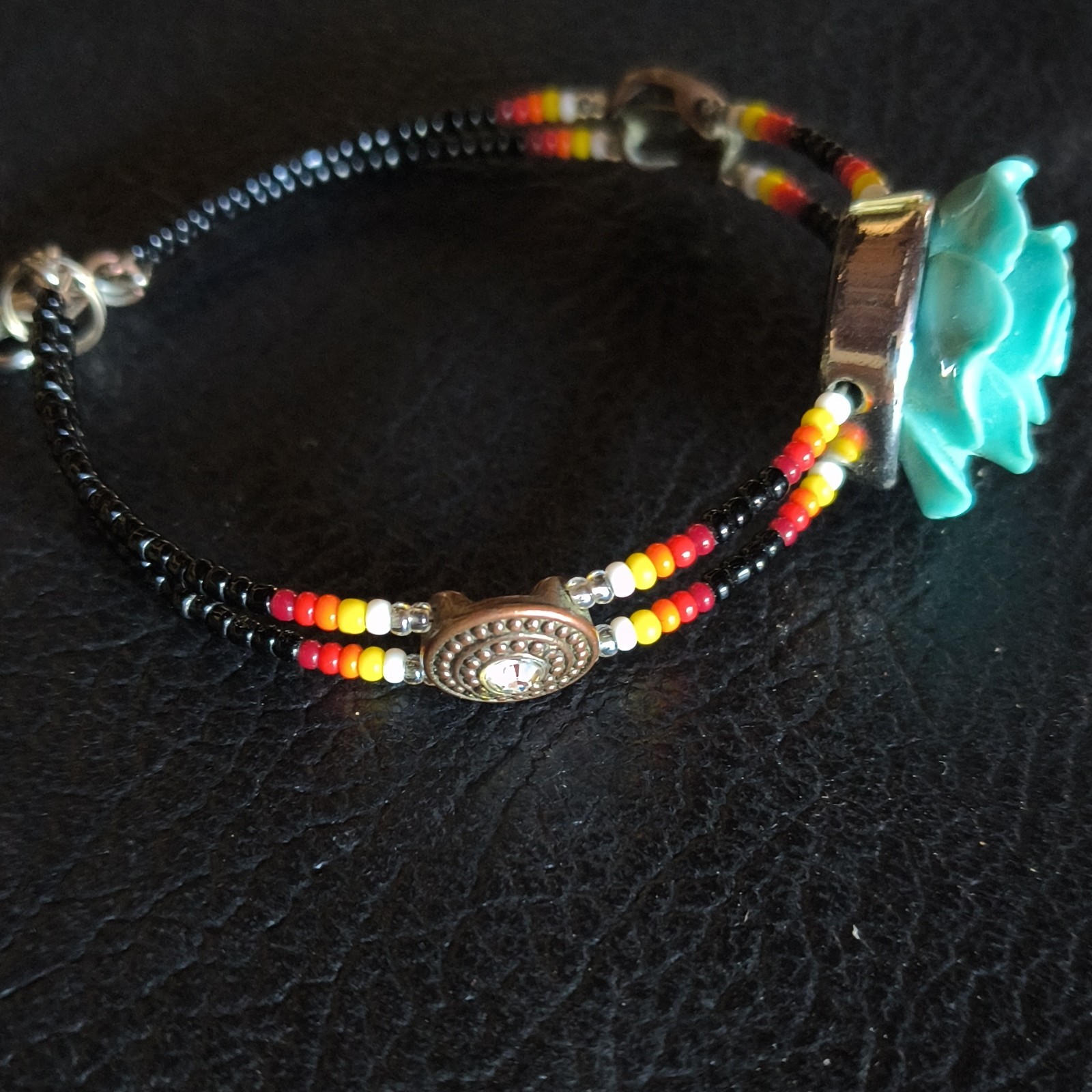 Black Seed Bead Bracelet Turquoise Flower Charm Lobster Clasp Multicolor