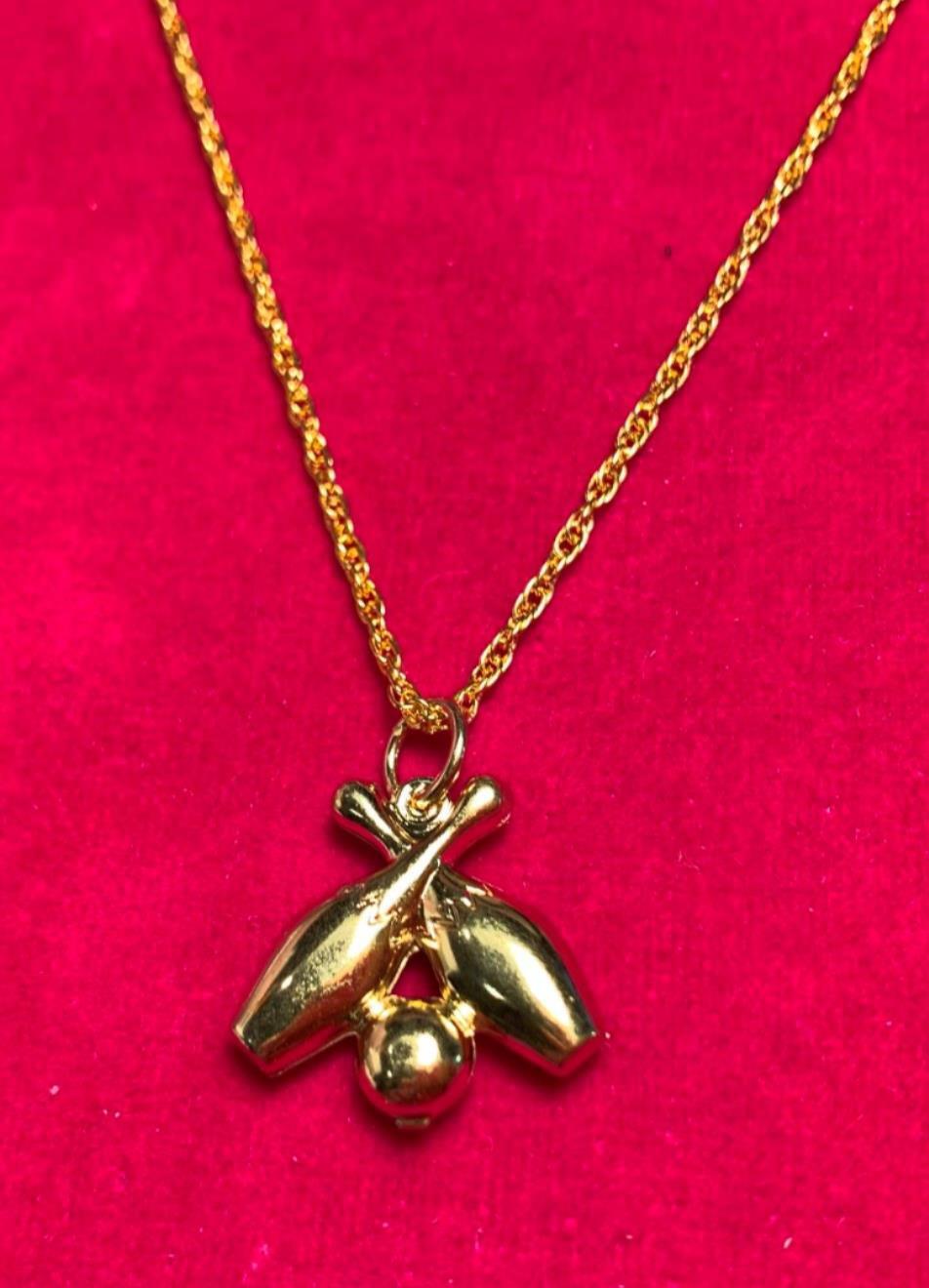 14 KT GOLD PLATED 3D BOWLING PINS & BALL CHARM w/16 INCH ROPE SET -A104