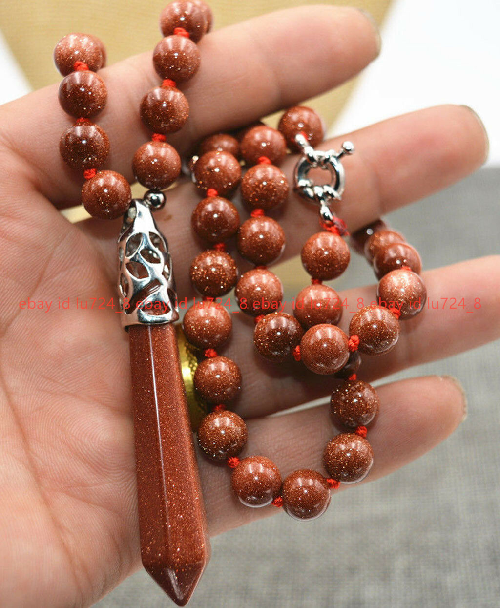 Natural 8mm Gold Sandstone Round Beads Hexagonal Point Pendant Necklace 18”